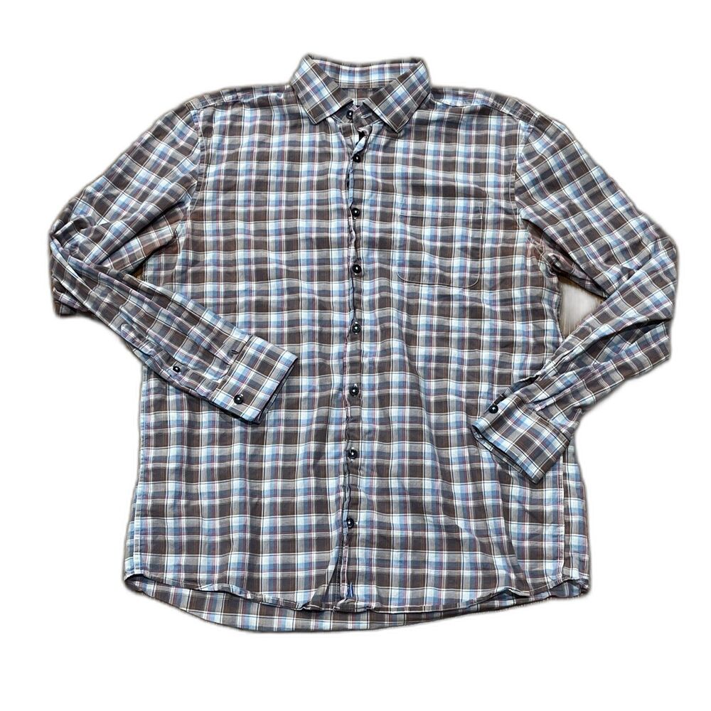 Johnnie-O Shirt Mens Medium Plaid Long Sleeve Button Down Blue Brown Pink Tide